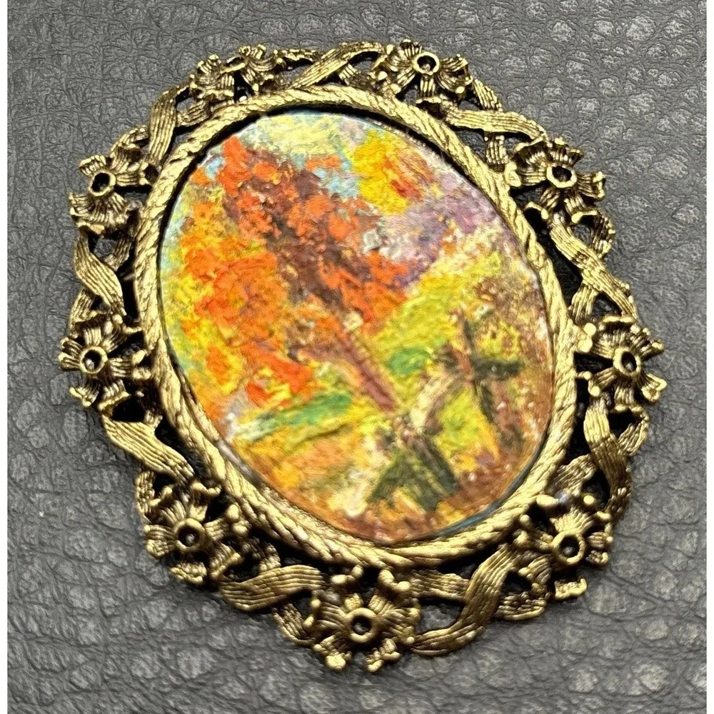 Vintage Ornate Landscape Painting Cameo Victorian Revival Brooch Gold Tone